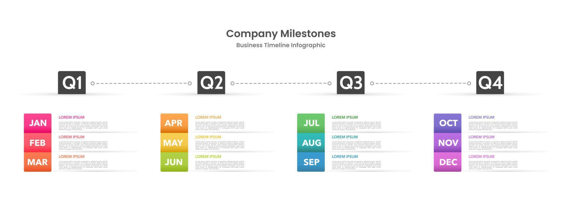 Infographic template for business. Business 4 Quarters. 12 Months timeline to success. Presentation, Roadmap, Milestone. Vector illustration.