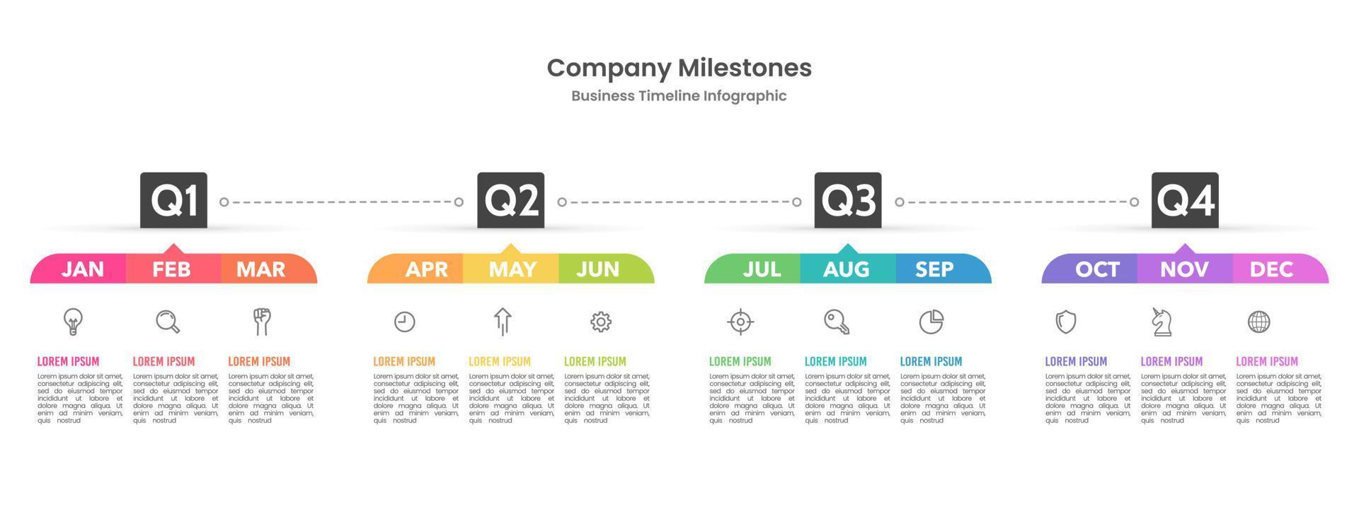 Infographic template for business. 12 Months timeline to success. Presentation, Roadmap, Milestone, Quarters. Vector illustration.