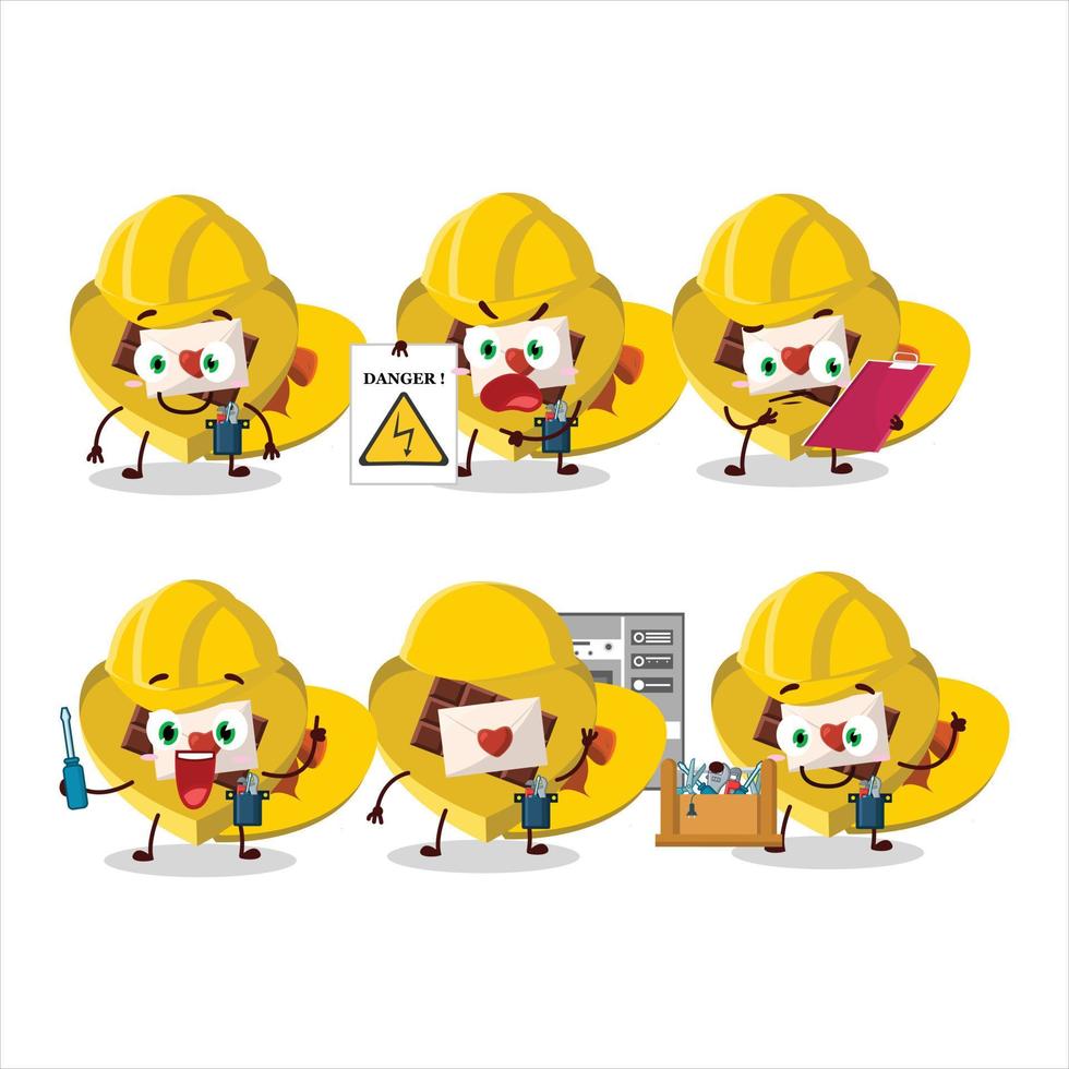 Professional Lineman yellow love open gift box cartoon character with tools vector