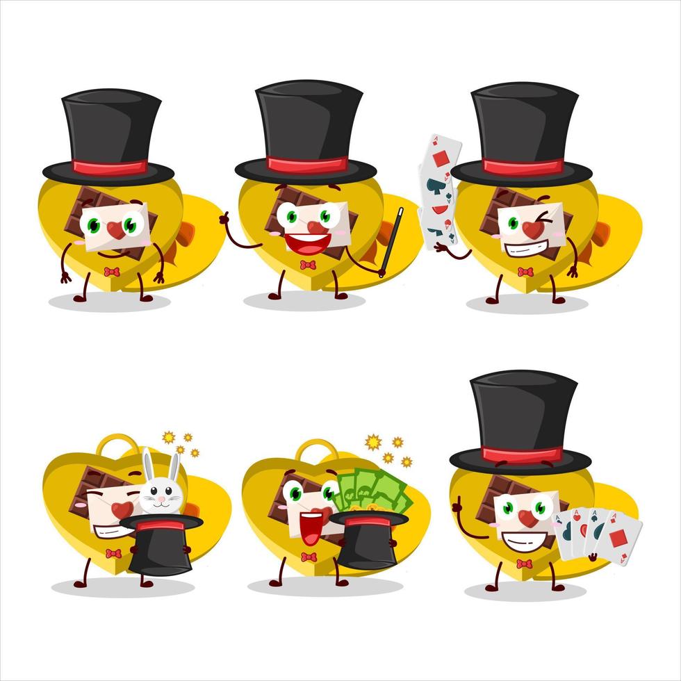 A yellow love open gift box Magician cartoon character perform on a stage vector