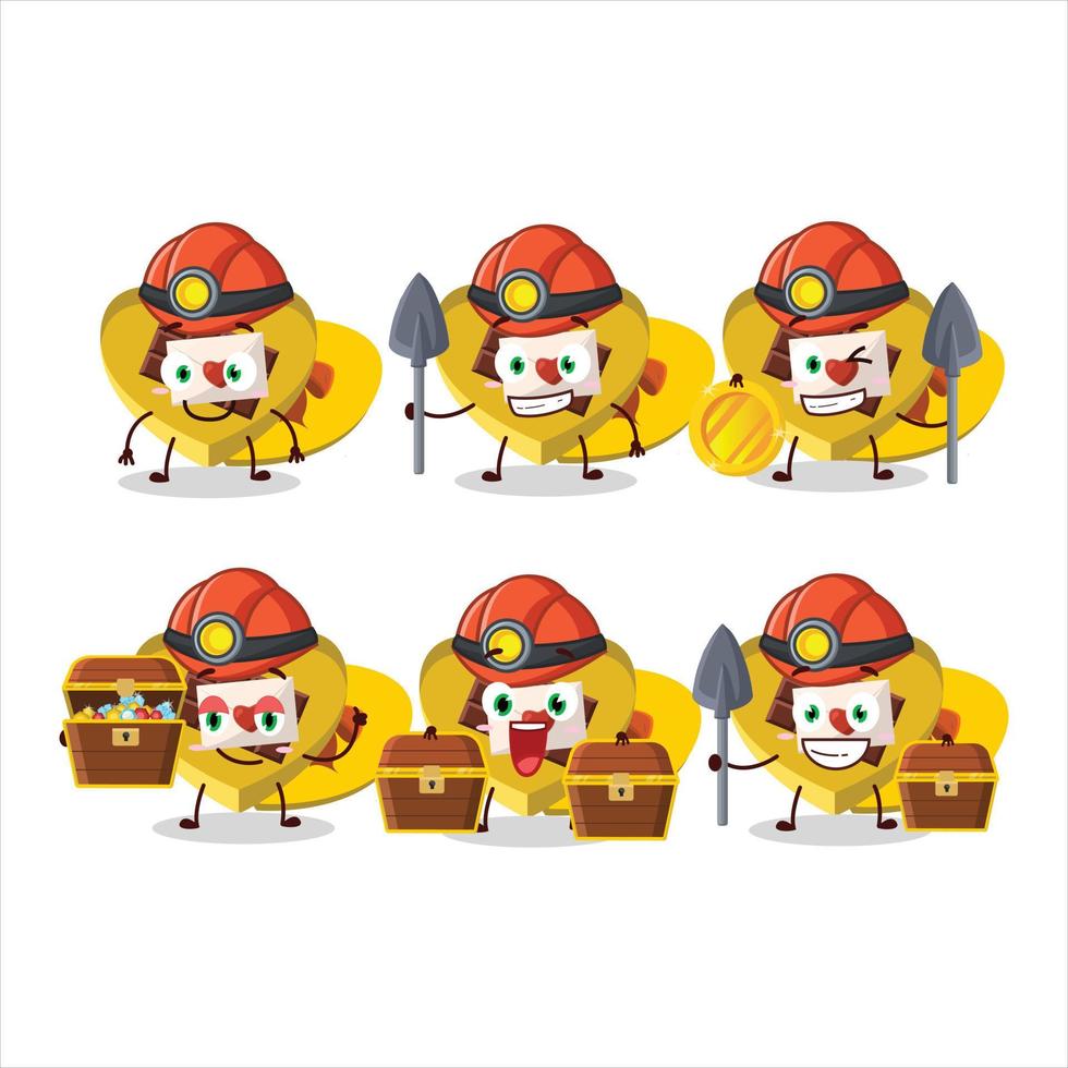 Miners yellow love open gift box cute mascot character wearing helmet vector