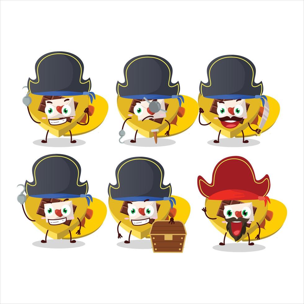 dibujos animados personaje de amarillo amor abierto regalo caja con varios piratas emoticones vector