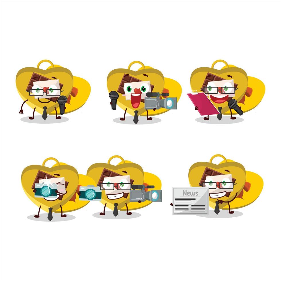 Character reporter yellow love open gift box cute mascot with microphone vector