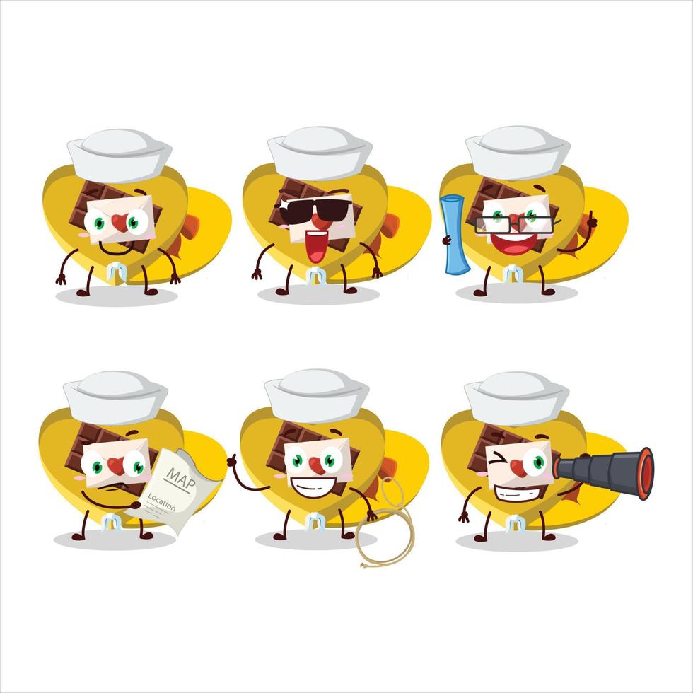 A character image design of yellow love open gift box as a ship captain with binocular vector