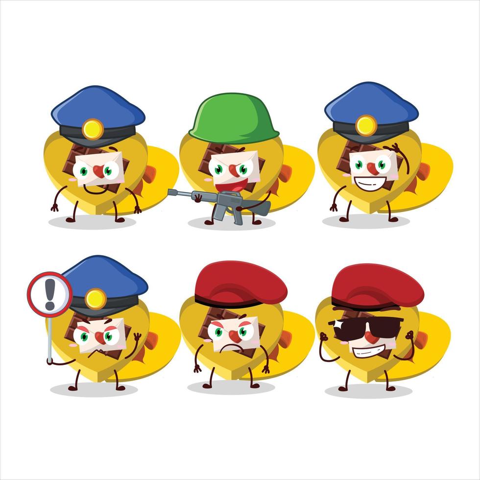 A dedicated Police officer of yellow love open gift box mascot design style vector