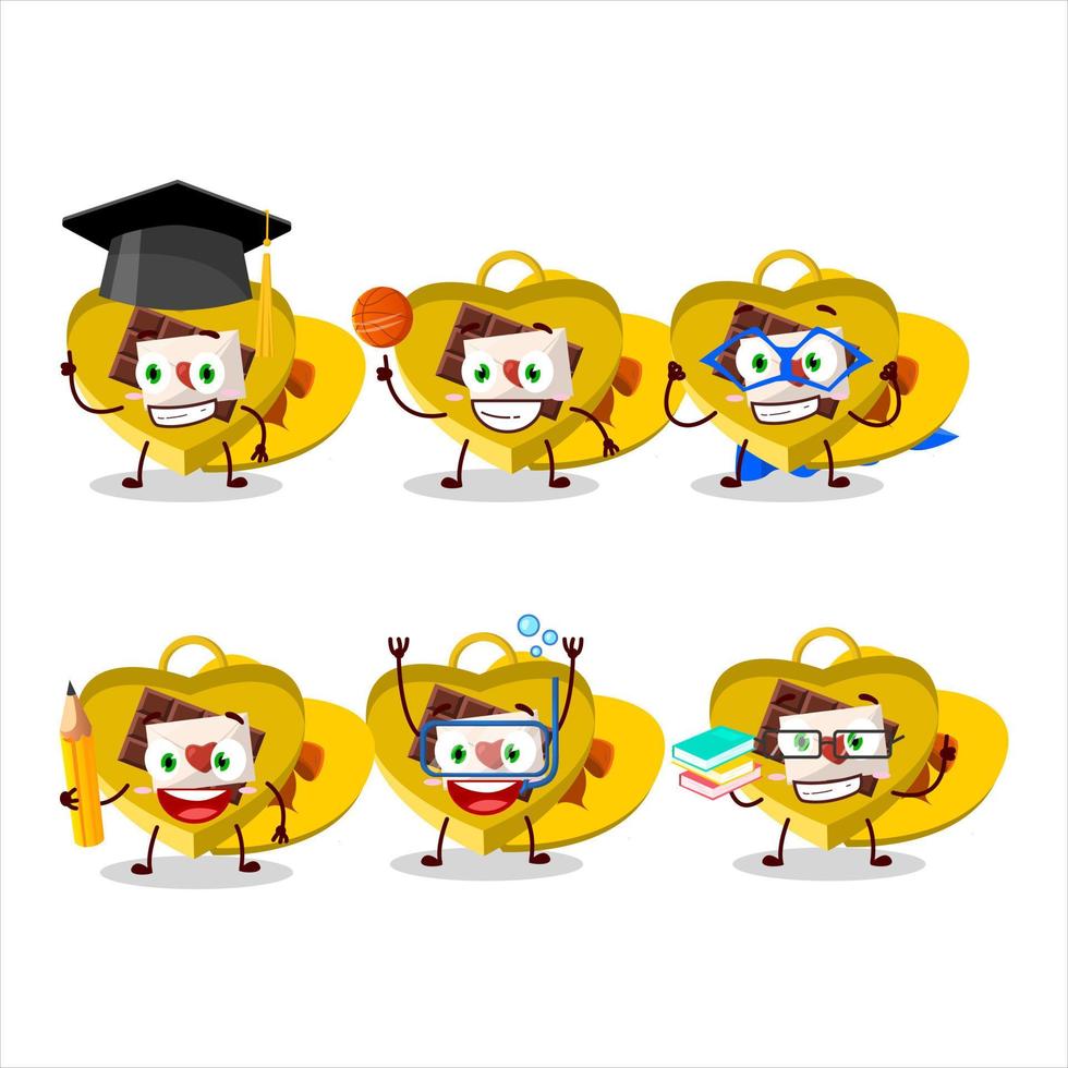 School student of yellow love open gift box cartoon character with various expressions vector