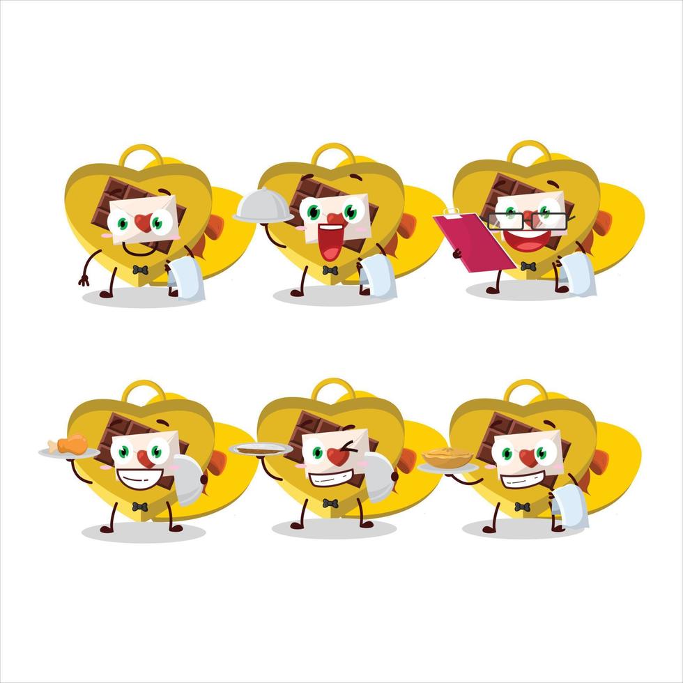 Happy yellow love open gift box waiter cartoon character holding a plate vector