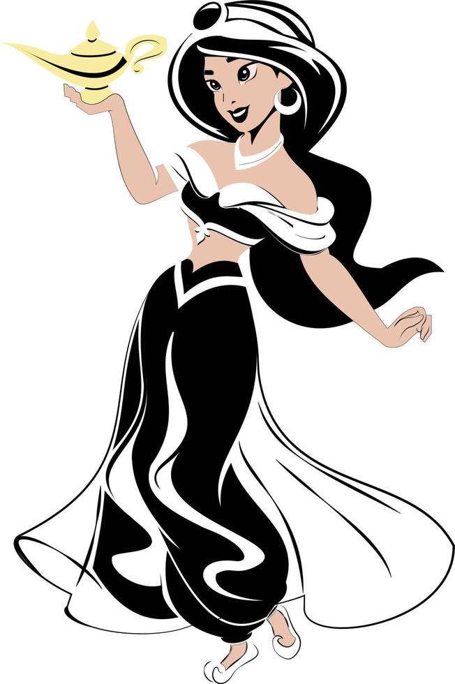 A cartoon of a girl with long black hair crowned with a crown and holding a lamp in her hand vector