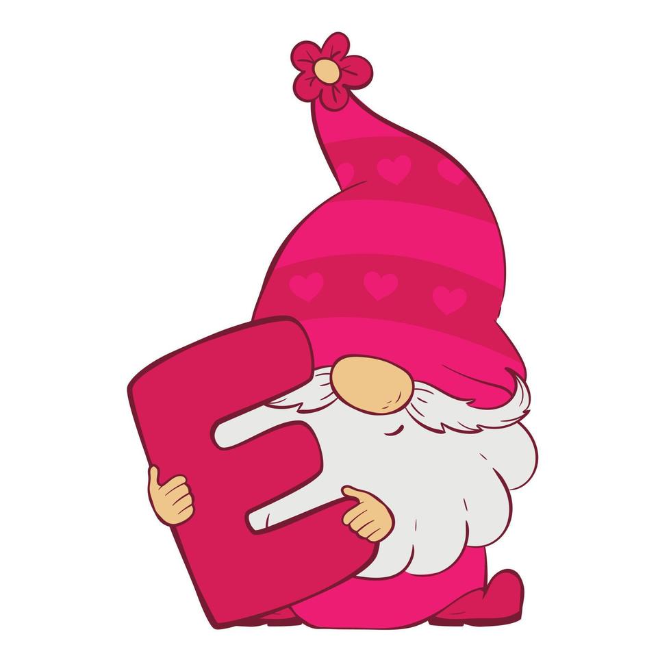 Dwarf in a red cap holds a large letter e in his hands vector