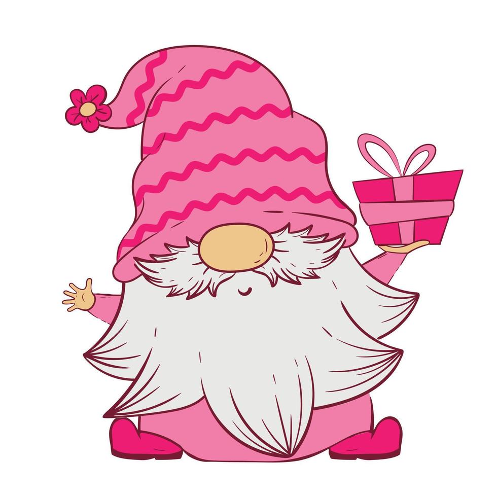 Gnome in a pink hat holds a gift in his hands vector