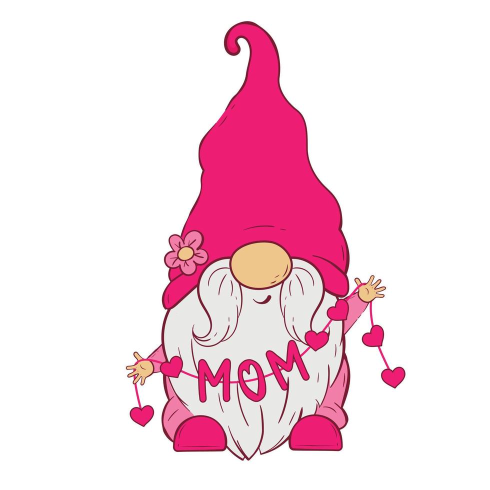 Gnome in a pink hat holds a rope with hearts and the inscription mom vector