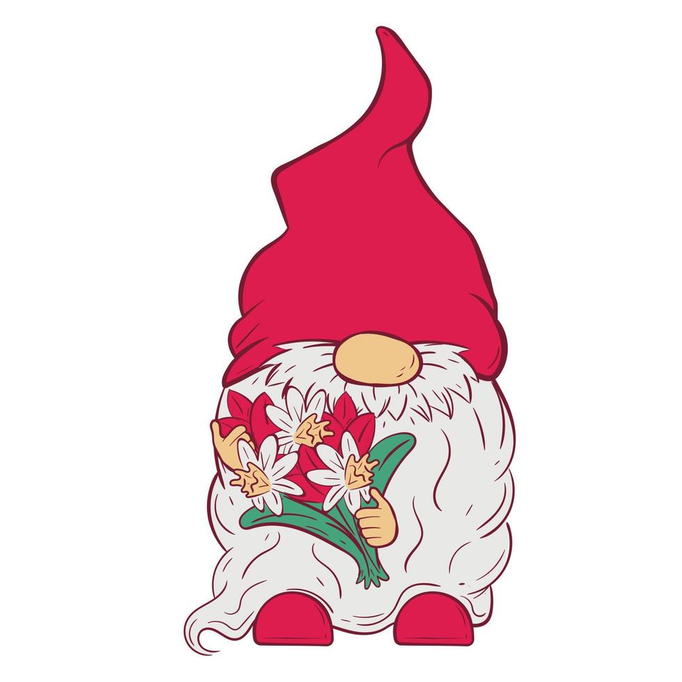 Gnome in a red hat holds a bouquet of flowers in his hands vector