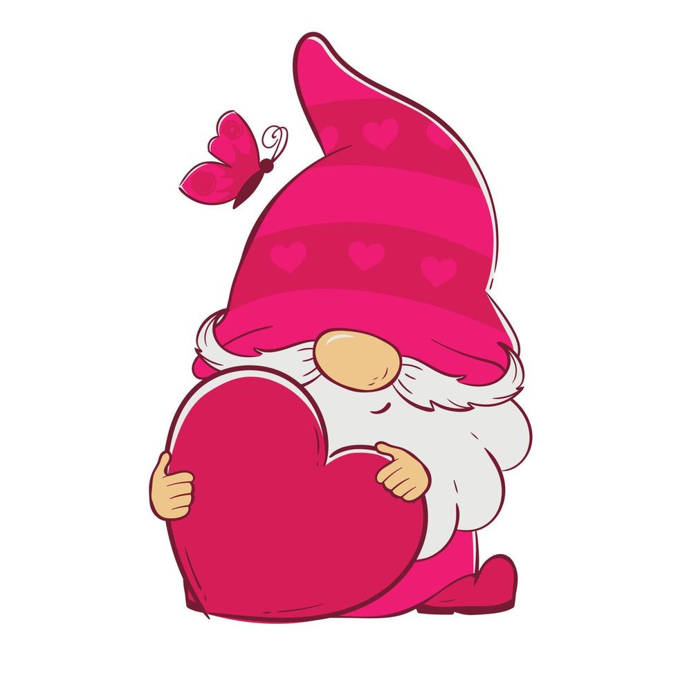 Dwarf in a red hat holds a heart in his hands vector