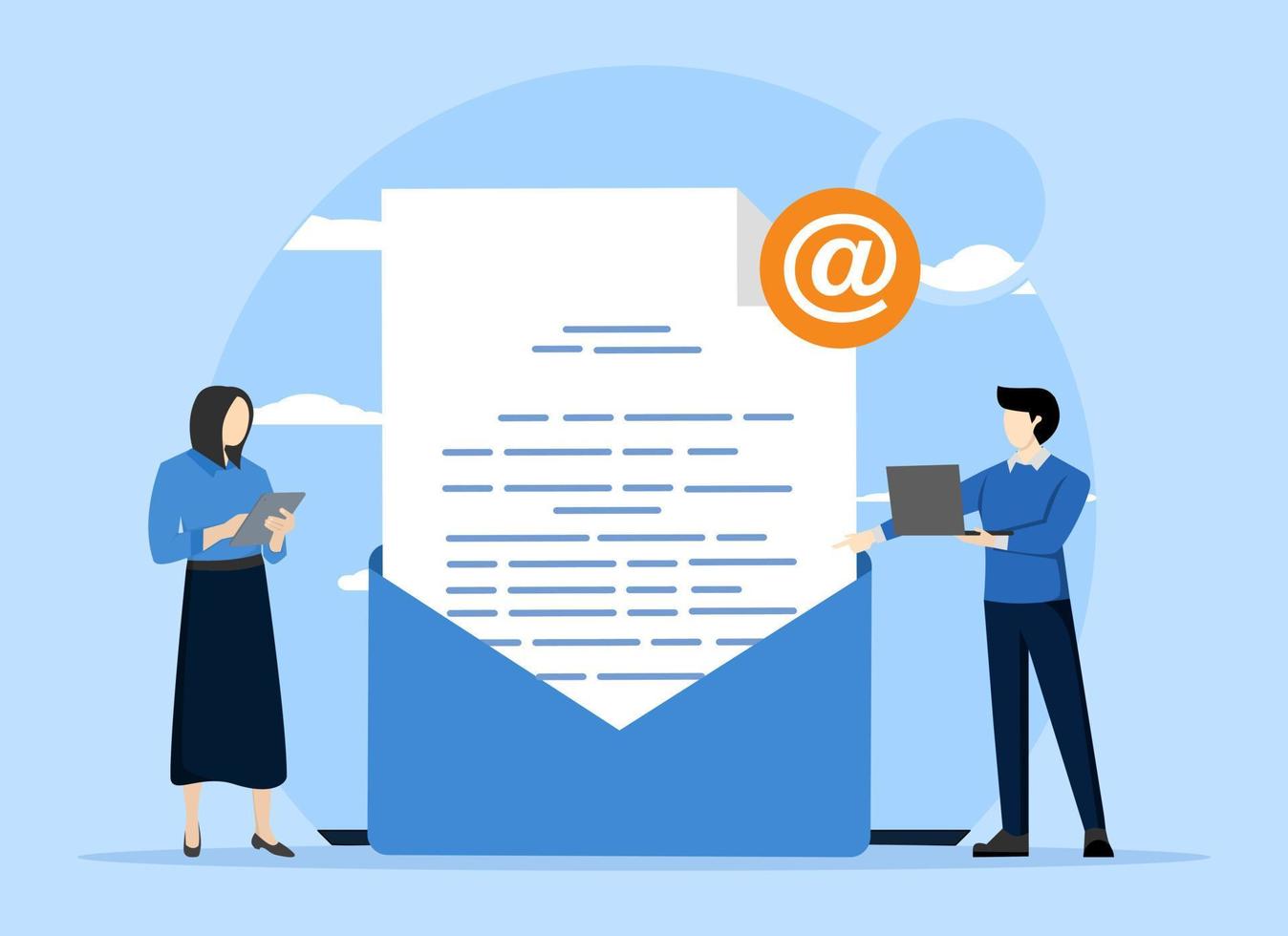 Send and receive email messages. People use electronic mail through computers. Character with laptop receiving email. New incoming sms, chat on social networks, spam. Email marketing campaign vector
