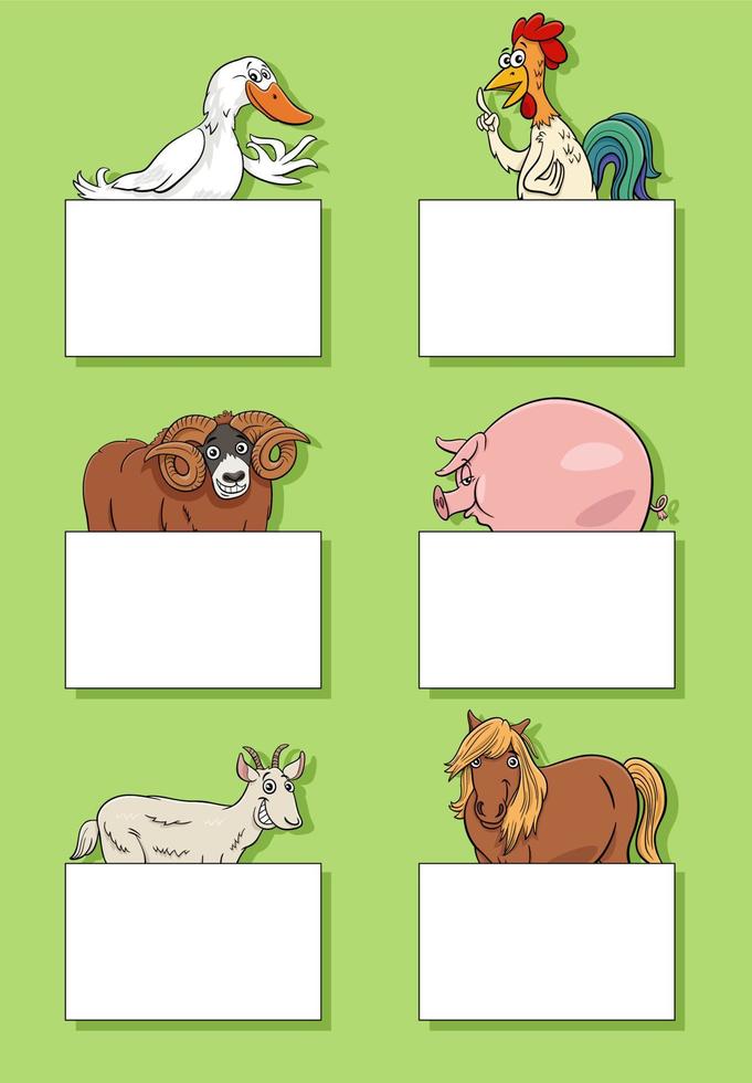 dibujos animados granja animales con tarjetas o pancartas diseño conjunto vector