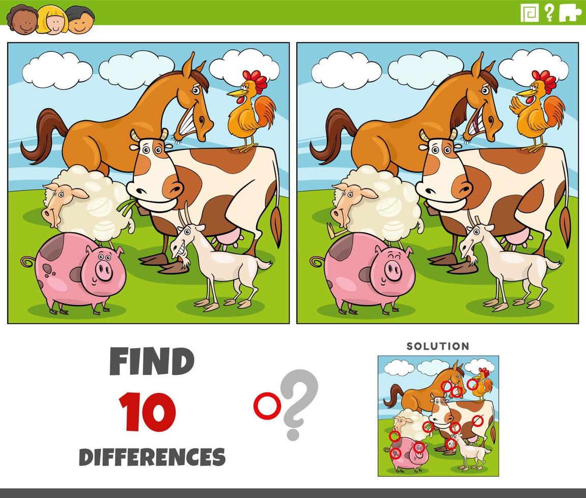 differences game with cartoon farm animal characters vector