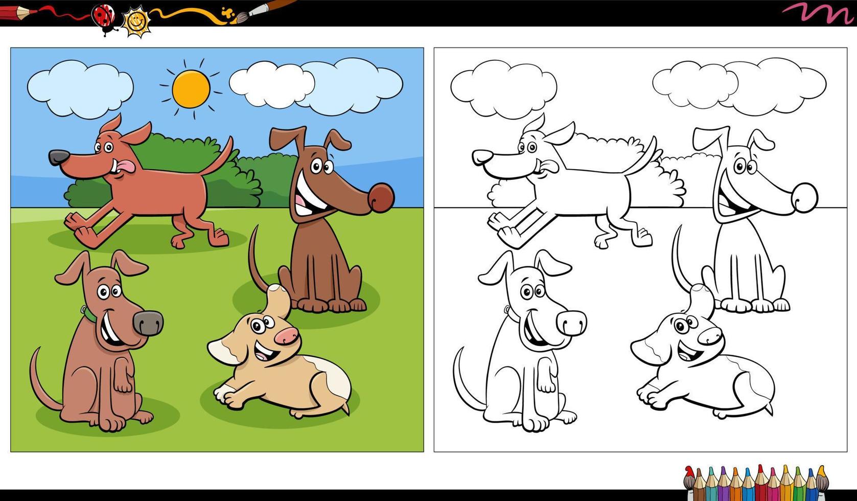 cómic perros caracteres grupo en el parque colorante página vector