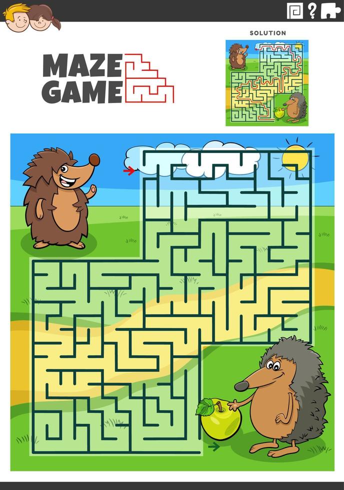 maze game with cartoon hedgehogs animal characters vector