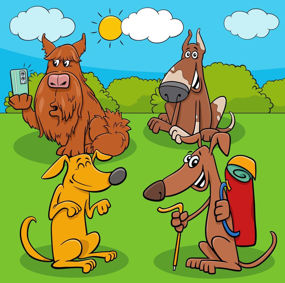 gracioso dibujos animados perros y cachorros caracteres al aire libre vector