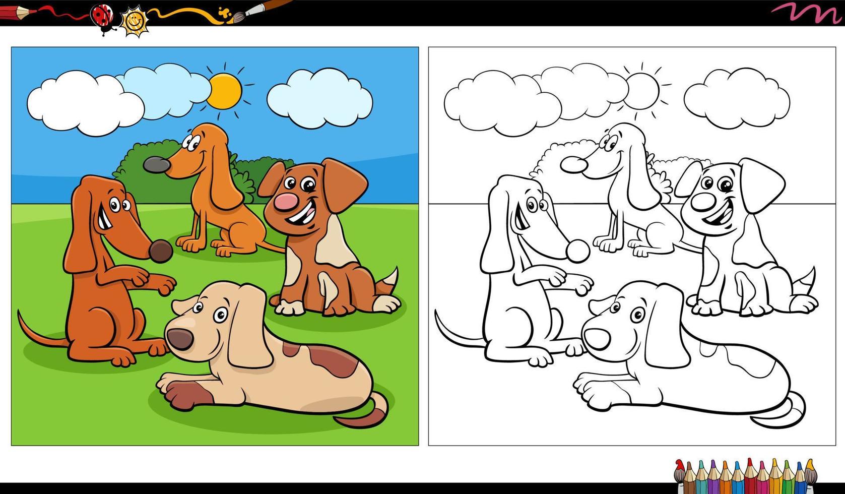 gracioso cómic perros caracteres grupo al aire libre colorante página vector