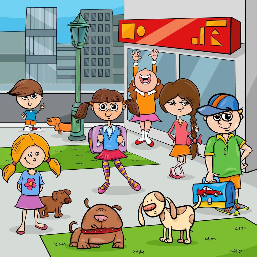 cartoon kids with dogs in the city park vector