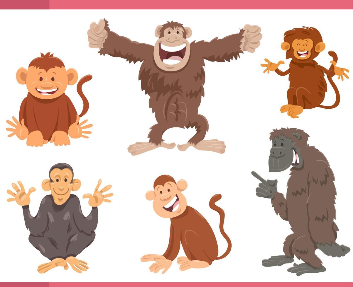 funny cartoon monkeys and apes animal characters set vector