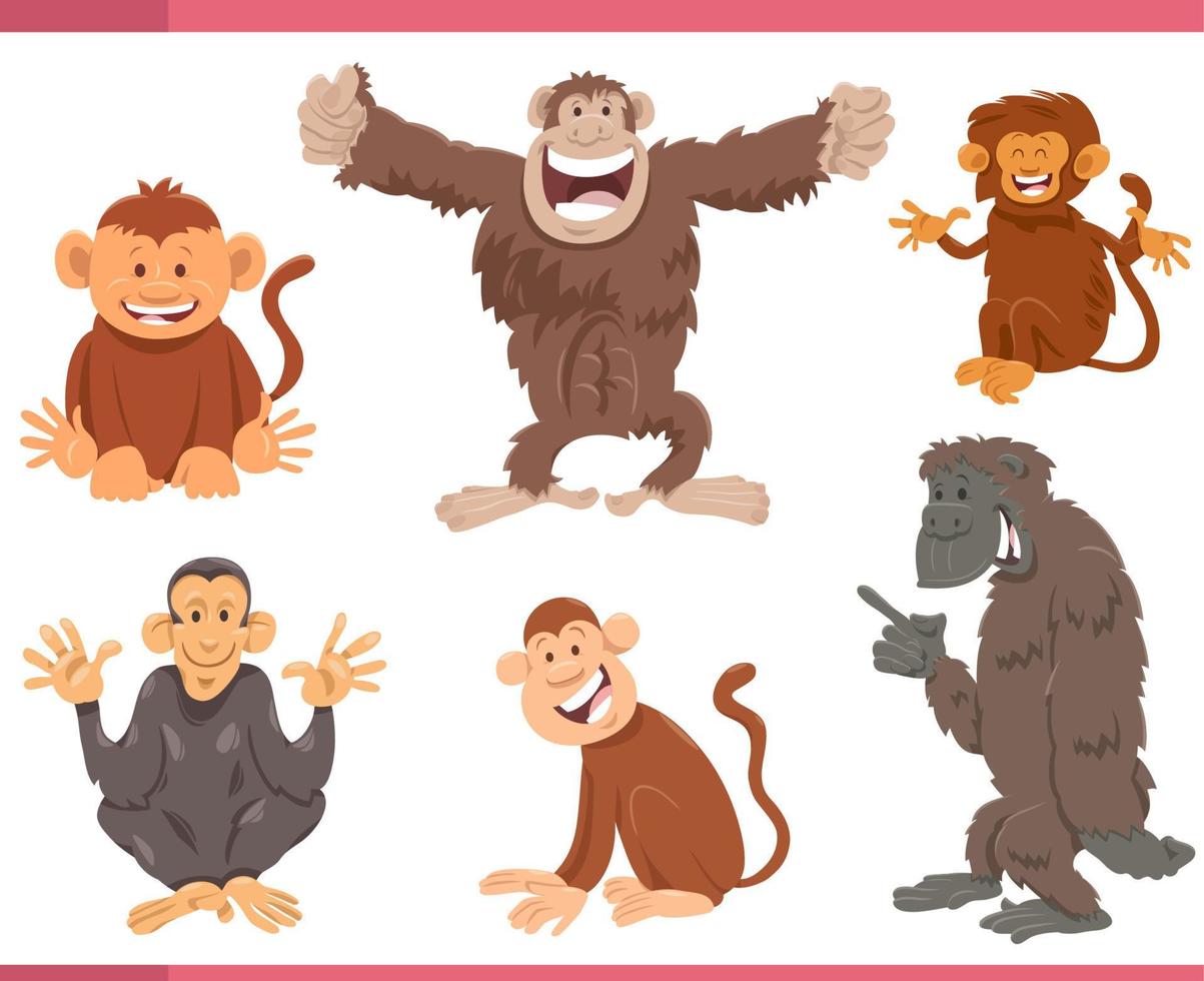 gracioso dibujos animados monos y simios animal caracteres conjunto vector