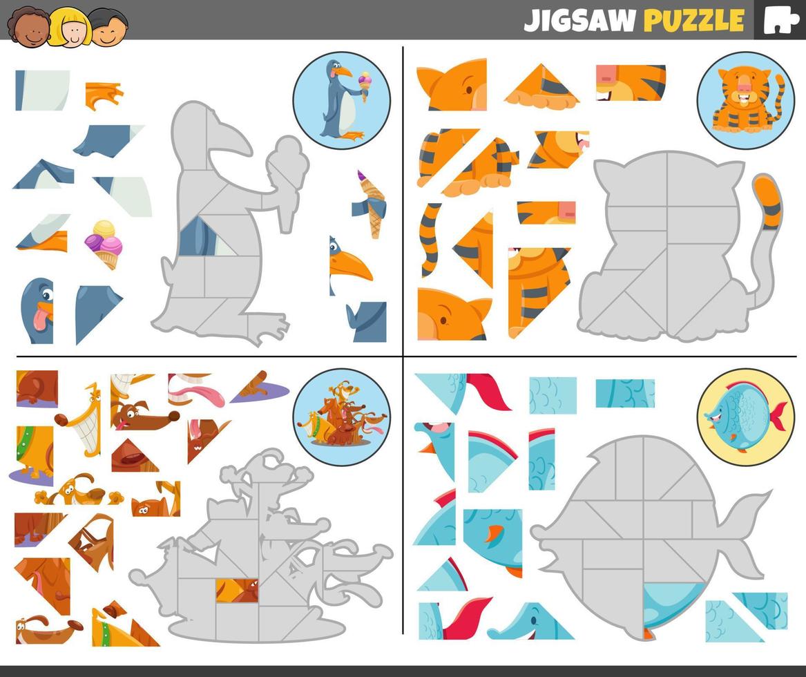 jigsaw puzzle games set with funny cartoon animals vector