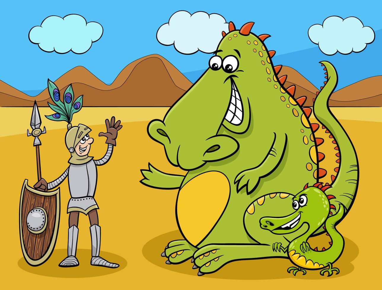 dragons and knight having a friendly talk cartoon illustration vector