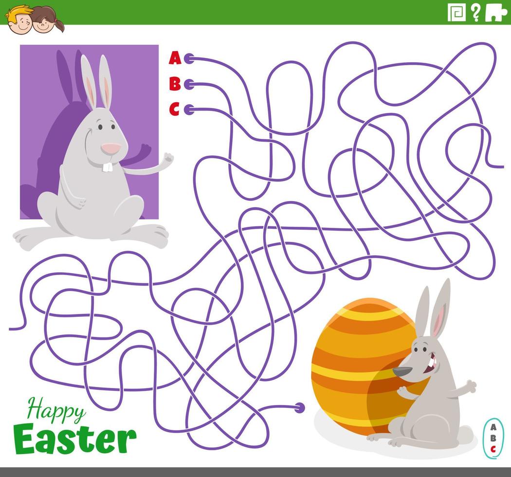 maze game with cartoon Easter Bunnies and egg vector