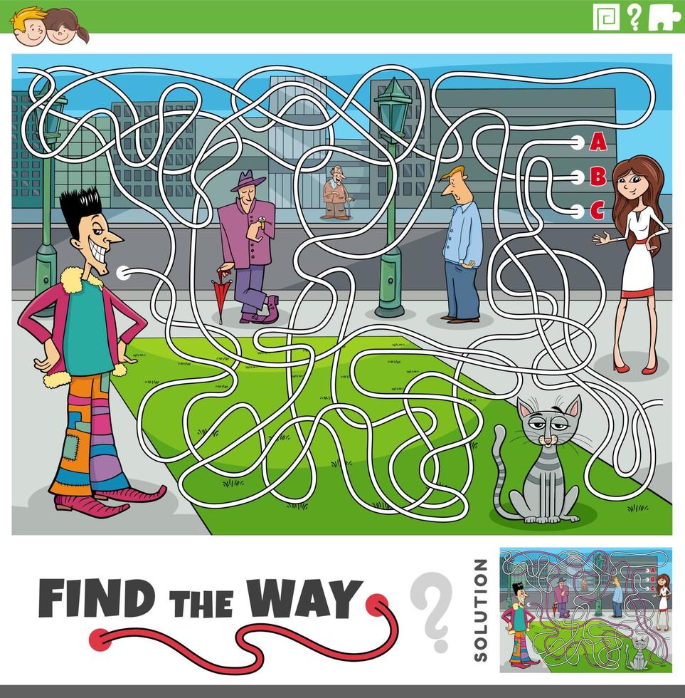 find the way maze game with cartoon people in the city vector