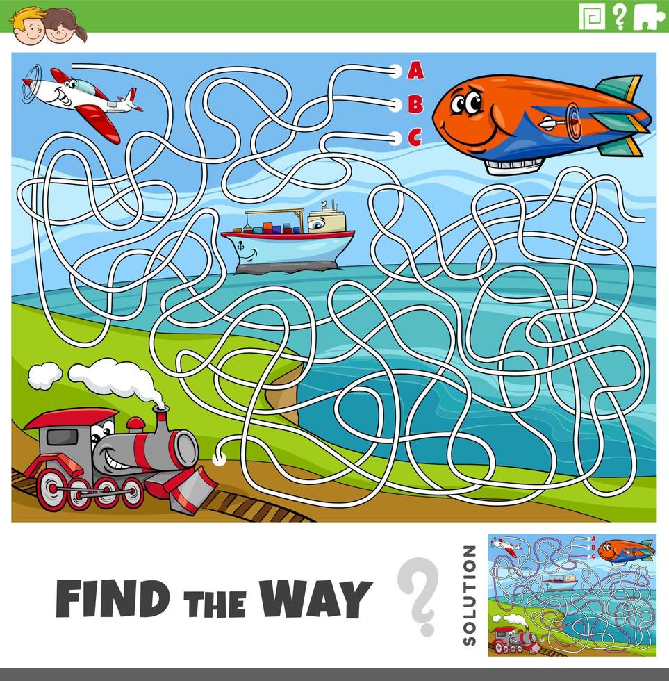 find the way maze game with cartoon vehicle characters vector