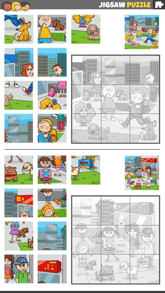 jigsaw puzzle game set with cartoon children in the city vector