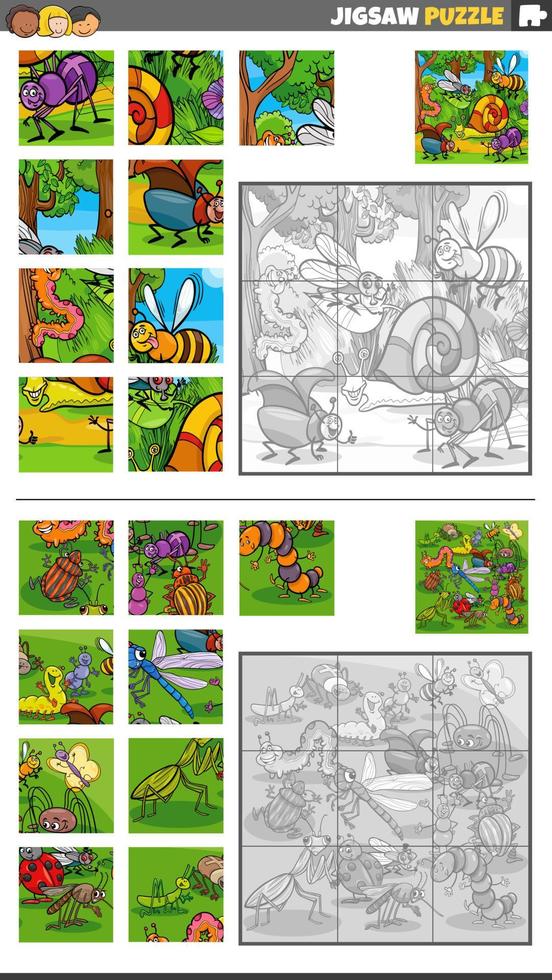 jigsaw puzzle game set with cartoon insect characters vector