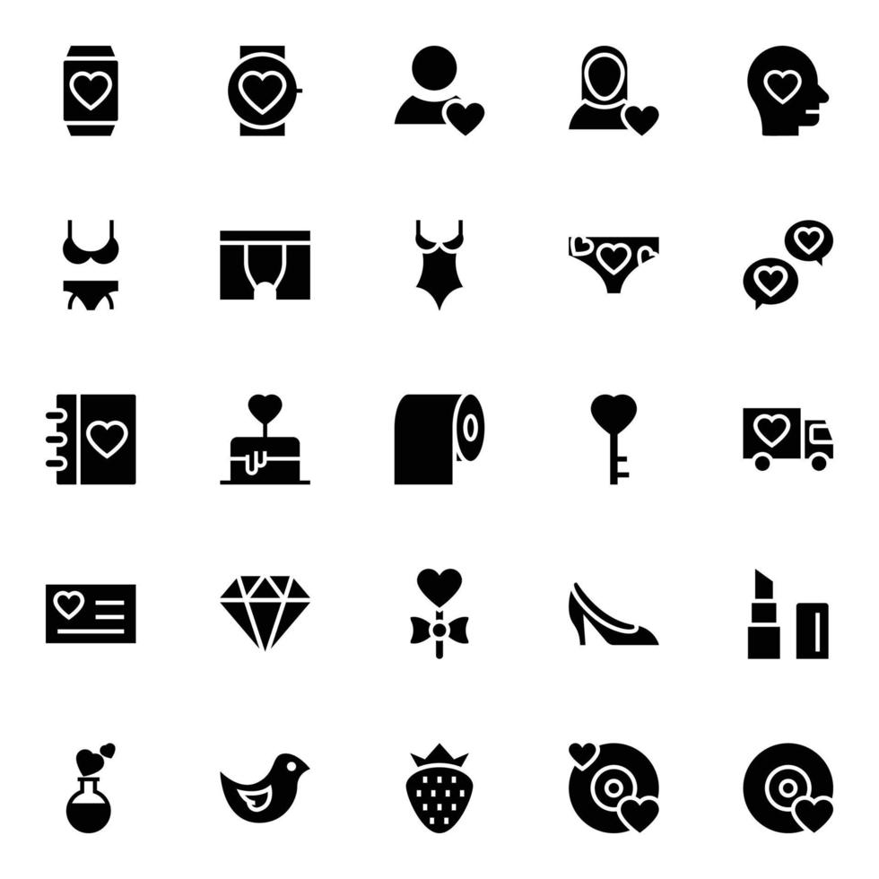 Glyph icons for Love and valentine. vector