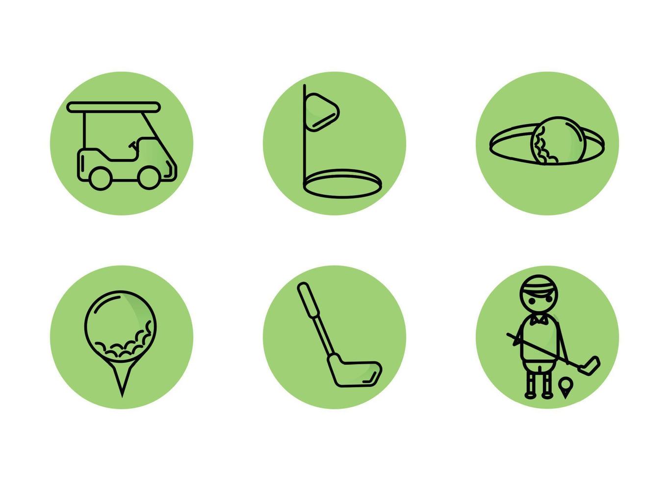Golf icon set on a green background. Flagpole near the hole. The ball in the hole. The ball on the stand. vector