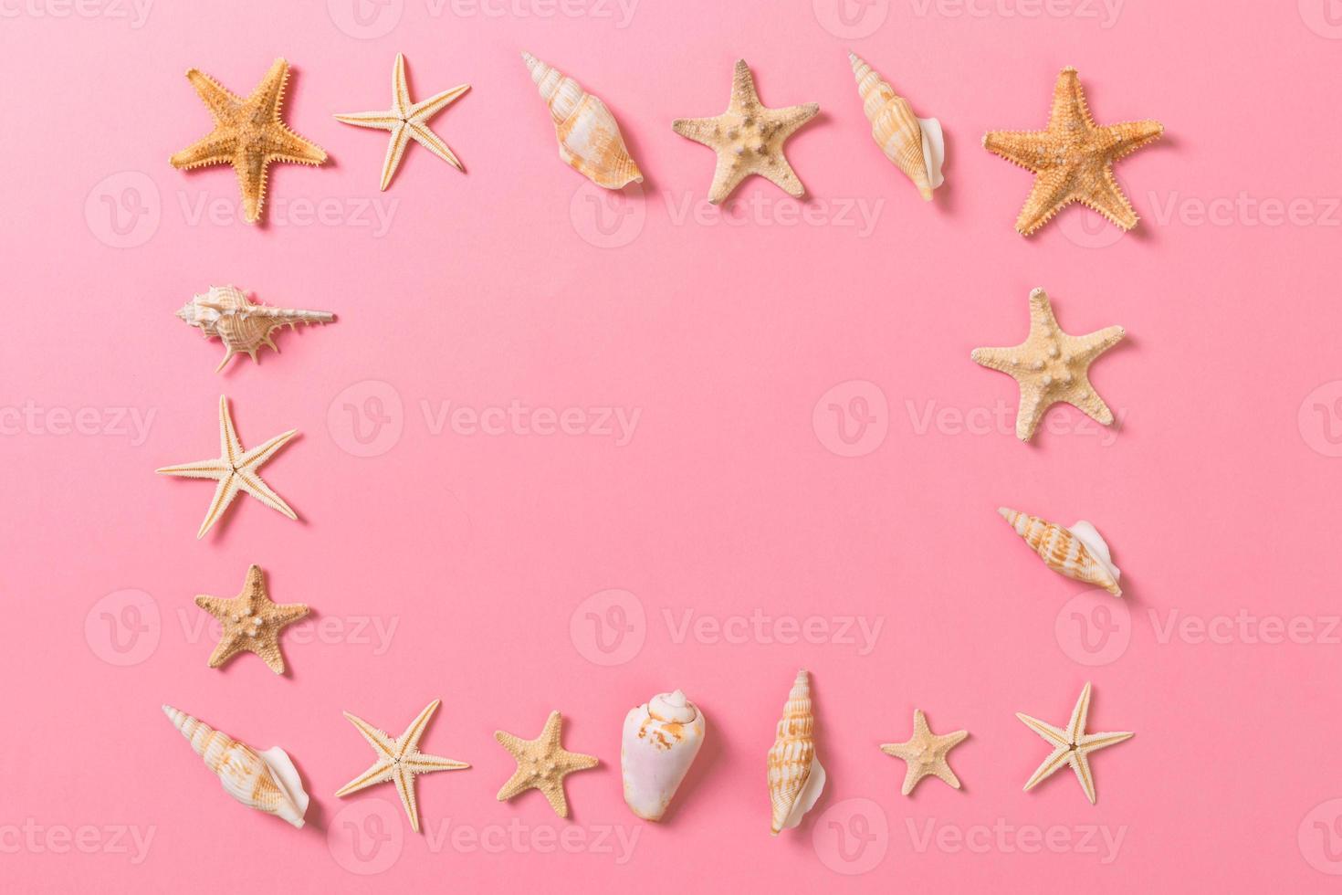conchas marinas y estrellas de mar sobre un fondo rosa y arena. concepto de tiempo de vacaciones foto