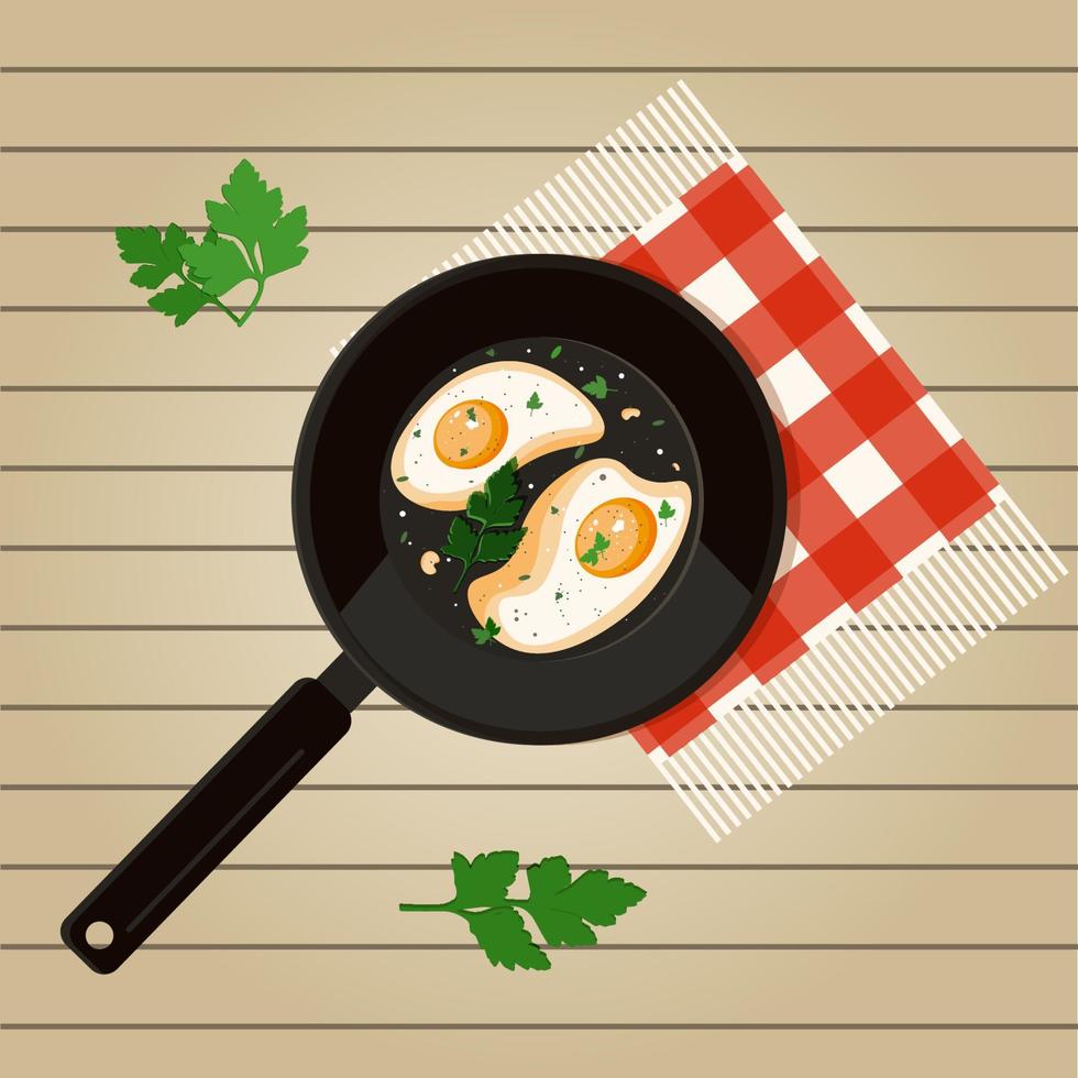 Fried eggs in a pan with herbs and spices. Simple vector illustration. Keto breakfast. Scrambled eggs.