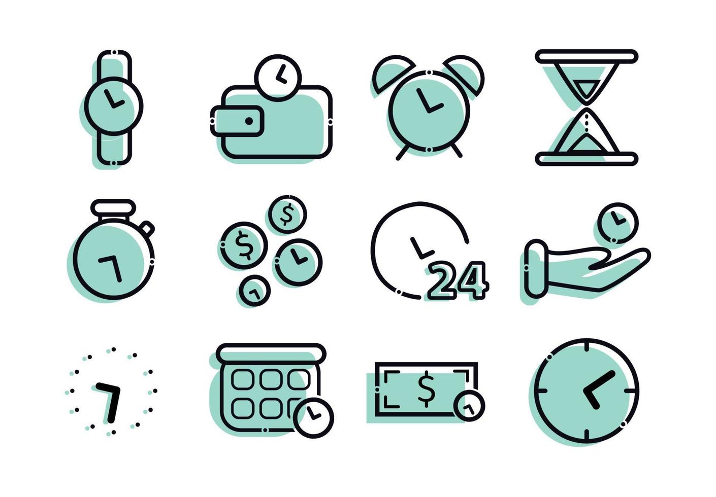 Time management icons set. Elements in the set calendar, alarm clock, hourglass, wristwatch, clock, time is money, timer, time in hand. vector