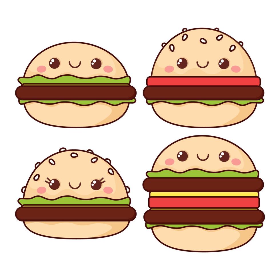 Set of different kawaii burgers vector