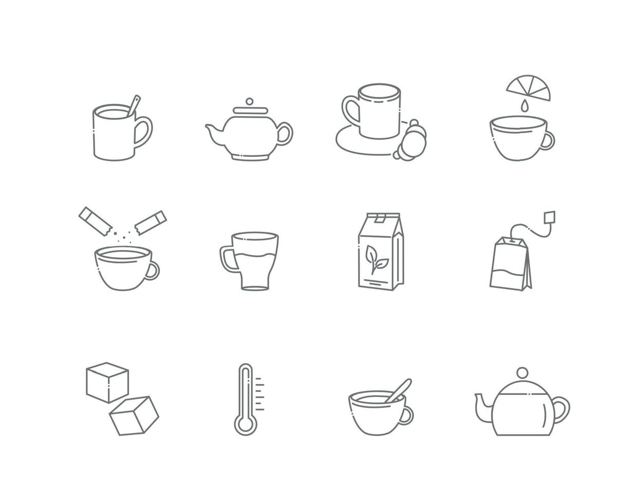 Tea linear icons. Everything for tea drinking. Vector