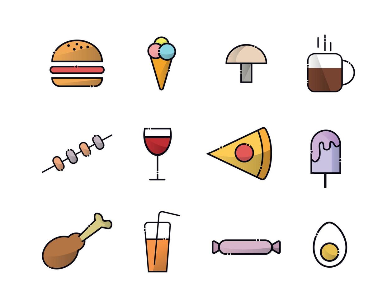 A set of food icons. Includes ice cream, tea, coffee, burger, candy, ice cream, glass of wine, chicken leg, kebab, pizza, juice, egg, mushroom vector