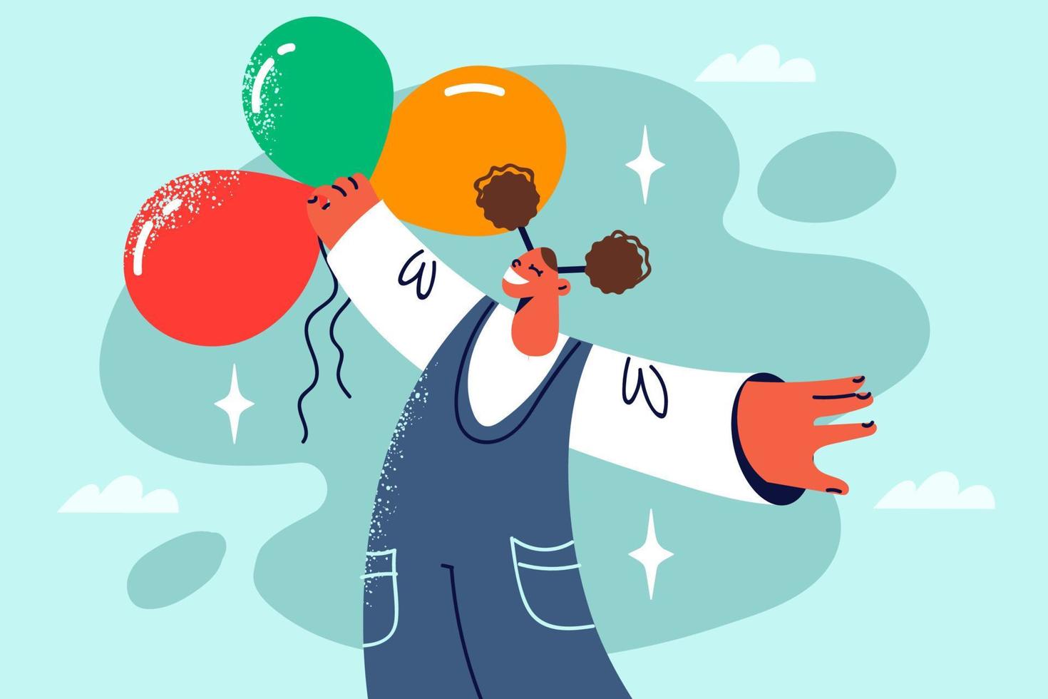 Smiling African American girl child with balloons in hands. Happy black kid holding bunch of balloons enjoy good day. Optimism and good mood. Childhood. Vector illustration.