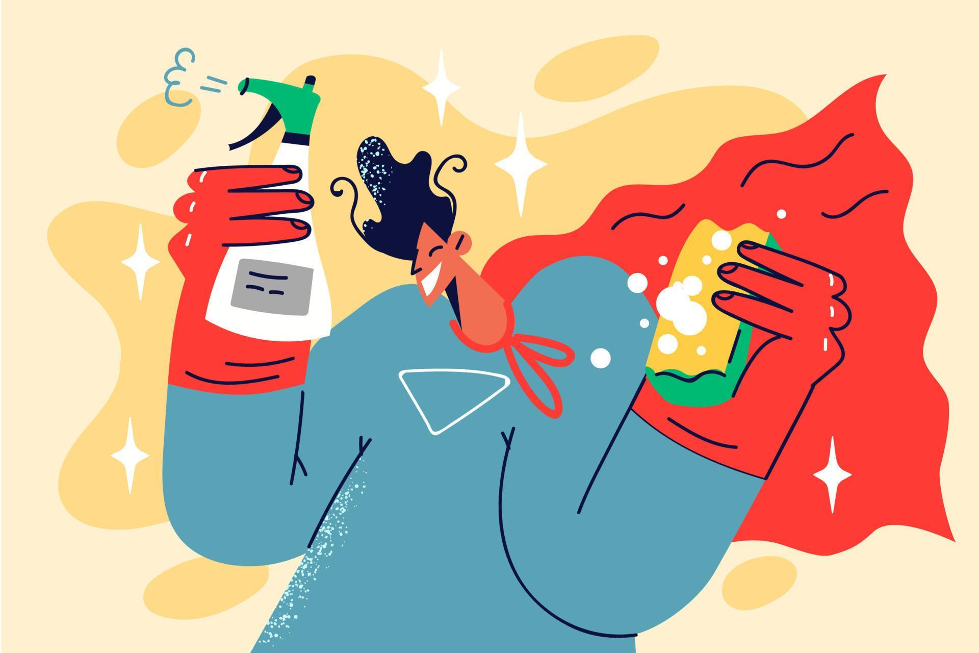 Smiling man in superhero costume holding detergent bottles in hands