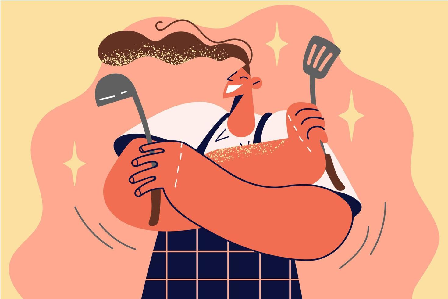 Smiling woman in apron holding kitchen utensils in hands. Happy female chef with kitchenware. Cooking and culinary hobby. Vector illustration.