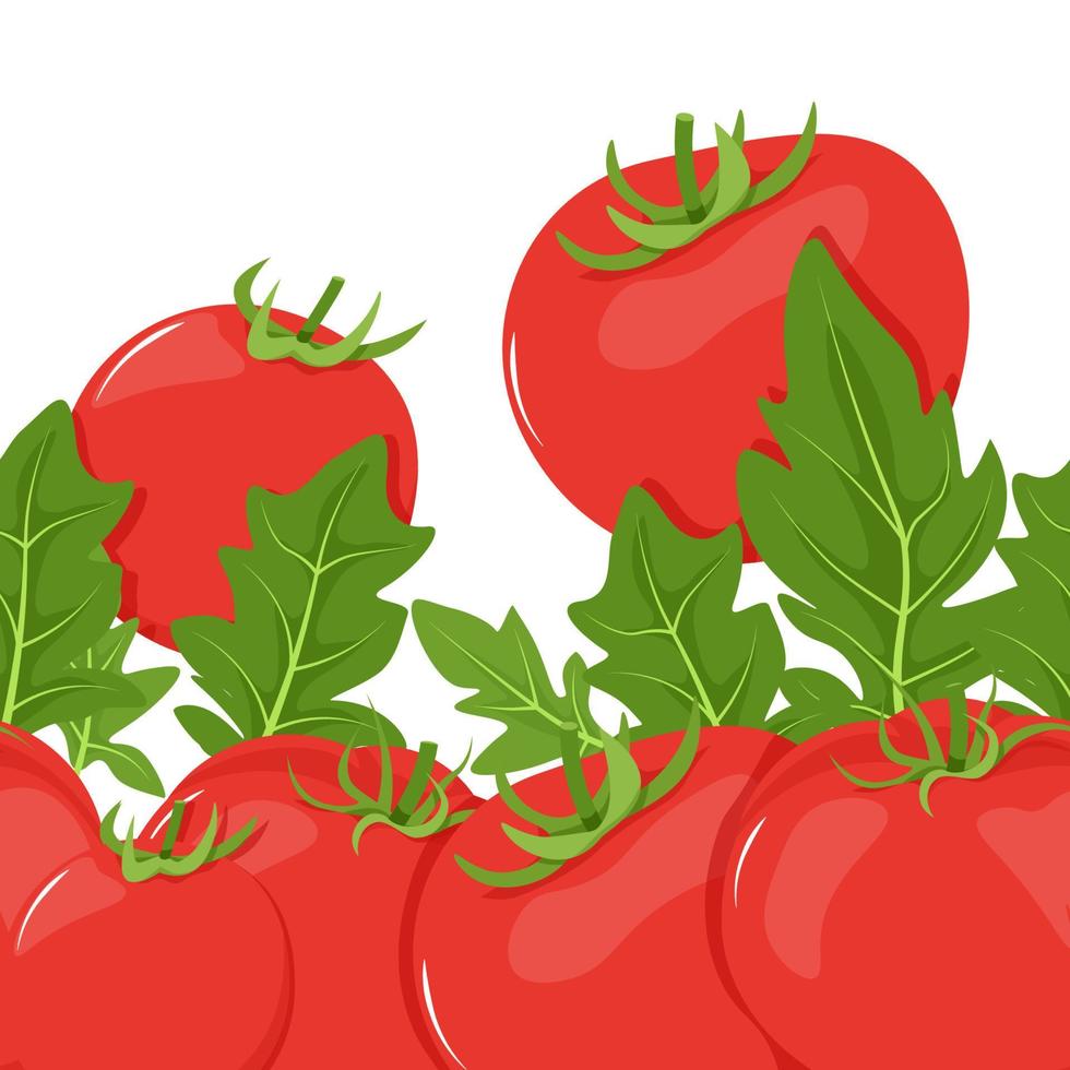 fondo sin costura frontera de rojo Tomates y verde hojas vector