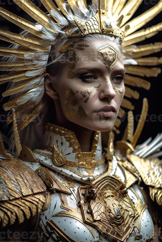 Female angel warrior in white and gold armor photo