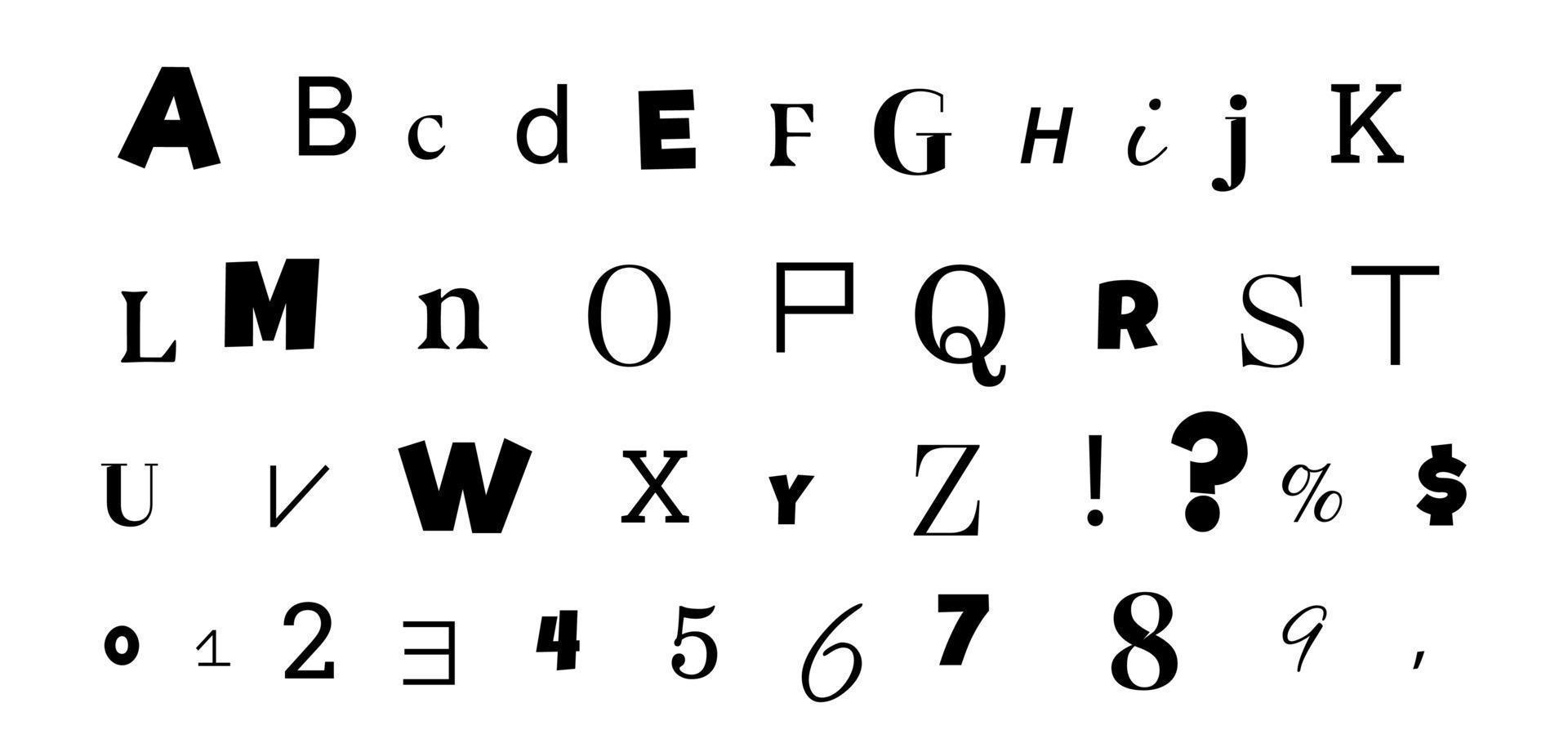 Anonymous BLACK letters cut out of magazines. Carved alphabet in y2k style. Social networks, web design, poster, banner, greeting card. Cute vector illustration isolated on a white background