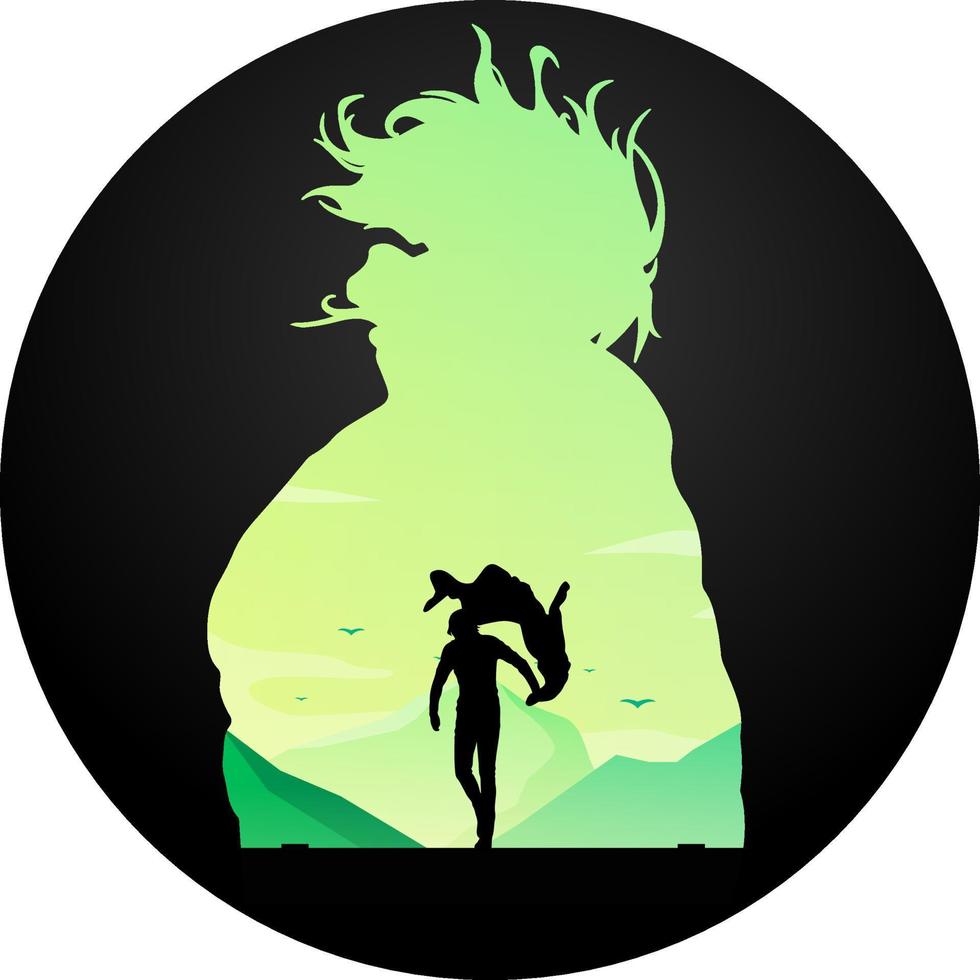 Silhouette of a man and a titan on a green landscape background. Great for stickers or shirt designs. vector