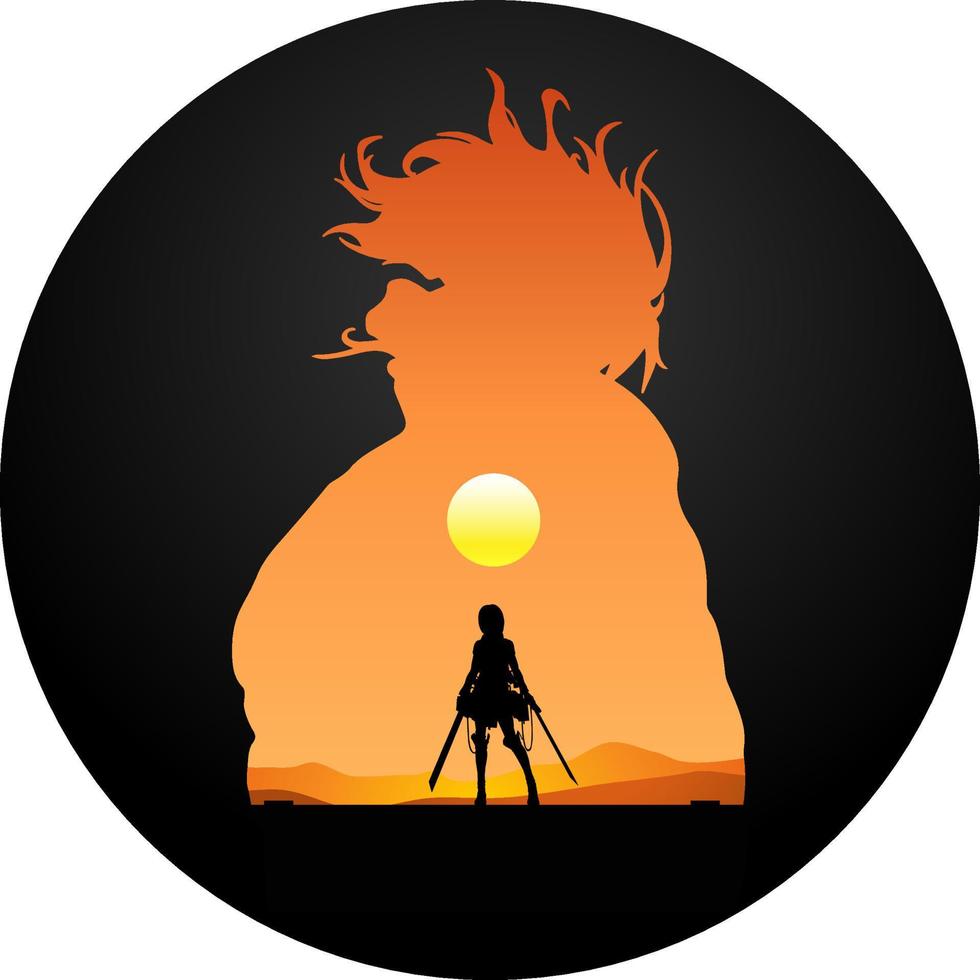 Silhouette illustration of a female warrior and a titan in a sunset scene. Great for stickers or t-shirt designs. vector